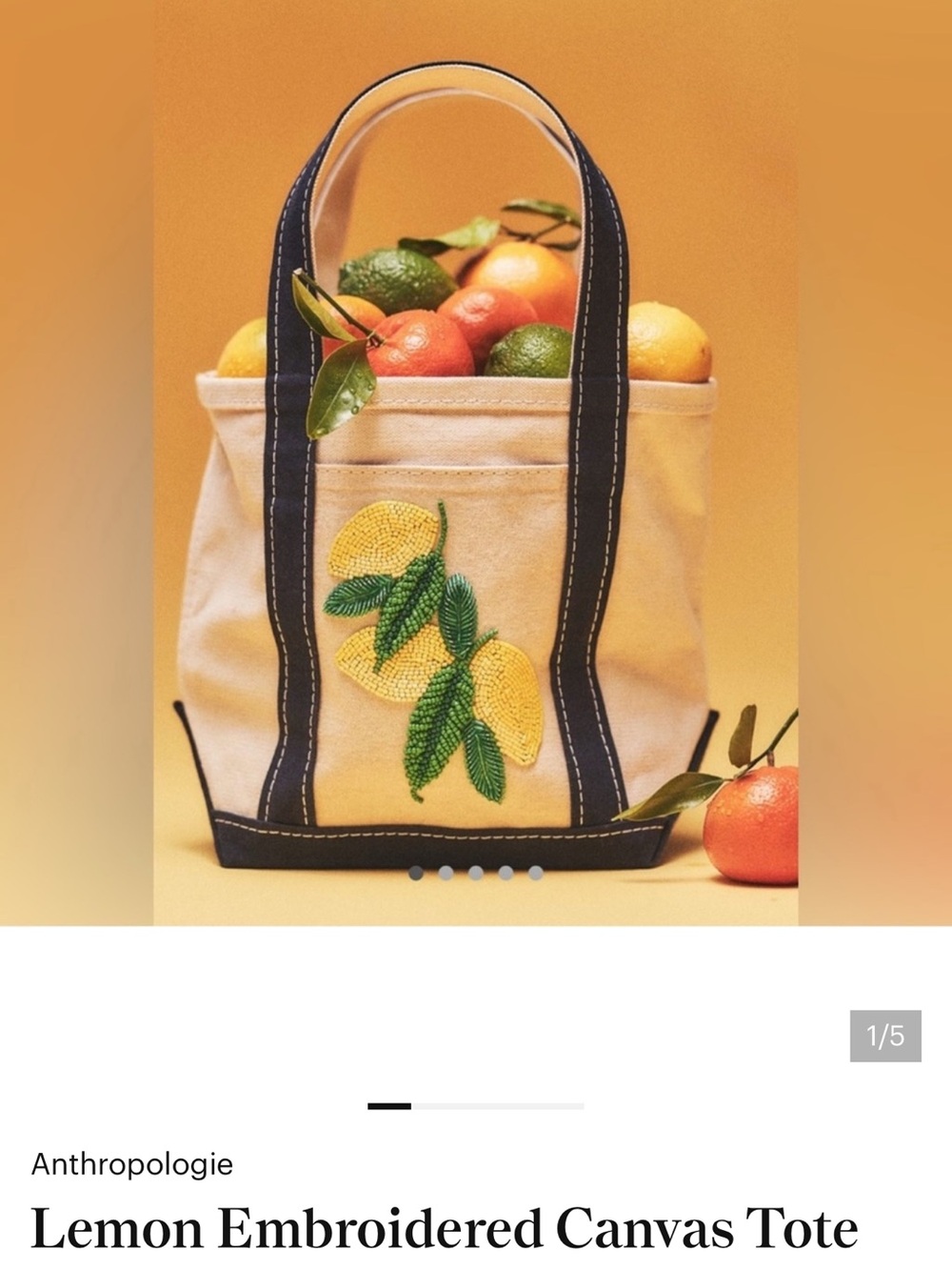 Anthropologie Cream Canvas Tote with Navy Handles and Lemon Embroidery